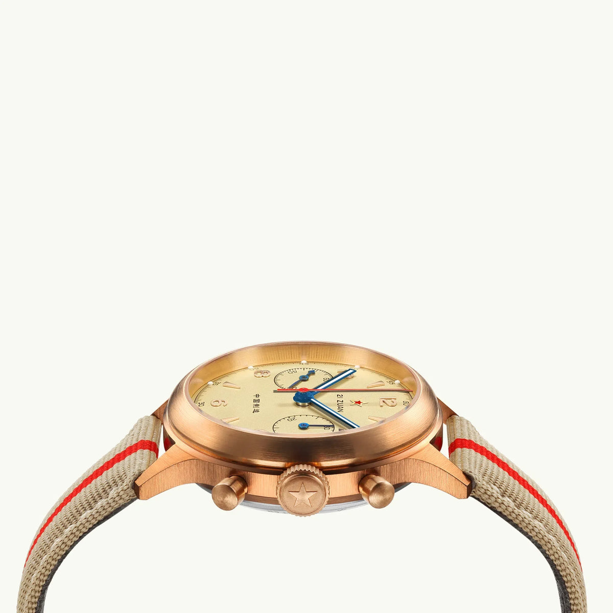 Seagull 1963 Bronze Lume low angle from the crown side showing the raised boxed sapphire crystal