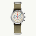 Seagull 1963 Air Force Cream 38mm, acrylic crystal version, front view on an olive green NATO strap