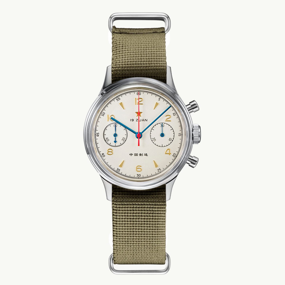 Seagull 1963 Air Force Cream 38mm, acrylic crystal version, front view on an olive green NATO strap