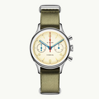 Seagull 1963 Lume 38mm front render, cream dial, gold numerals, green lume hands, olive NATO strap