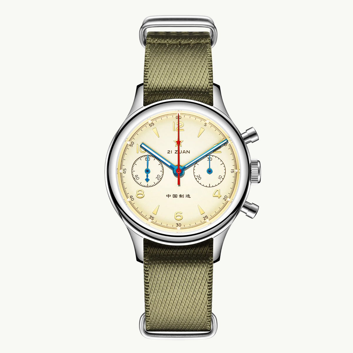 Seagull 1963 Lume 38mm front render, cream dial, gold numerals, green lume hands, olive NATO strap