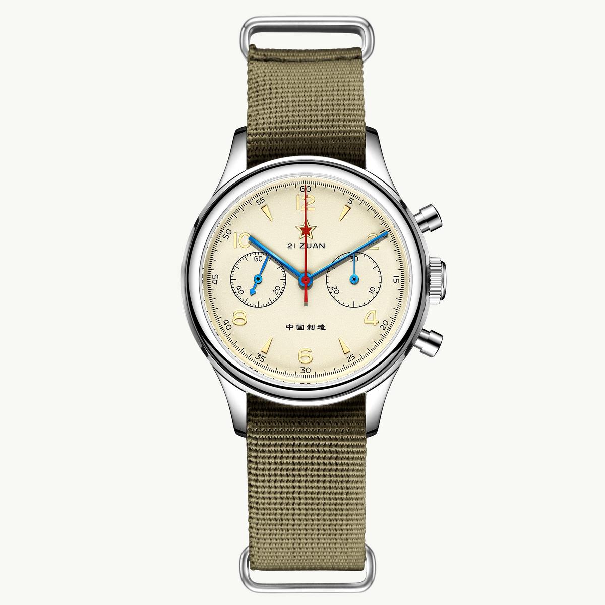 Seagull 1963 Air Force Cream 38mm sapphire version, front packshot, gold numerals and blued hands
