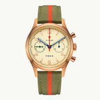 Seagull 1963 Bronze Lume 40mm front packshot, cream dial, brushed bronze case, olive and red strap