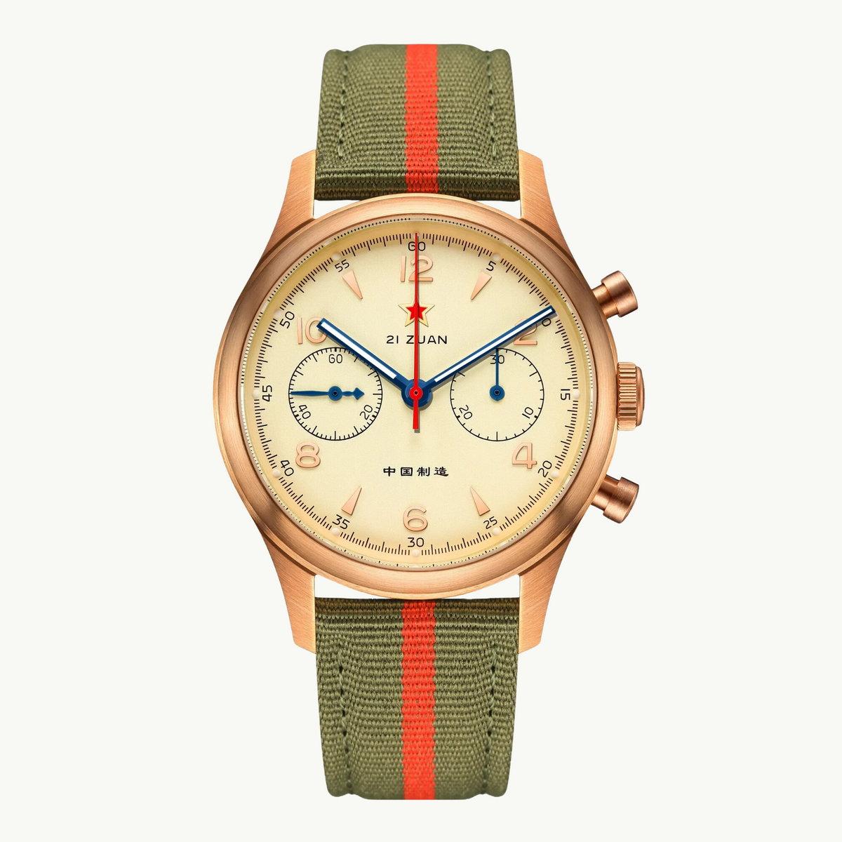 Seagull 1963 Bronze Lume 40mm front packshot, cream dial, brushed bronze case, olive and red strap