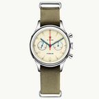 Seagull 1963 Air Force Cream 40mm front packshot, cream dial, gold numerals, olive nylon strap