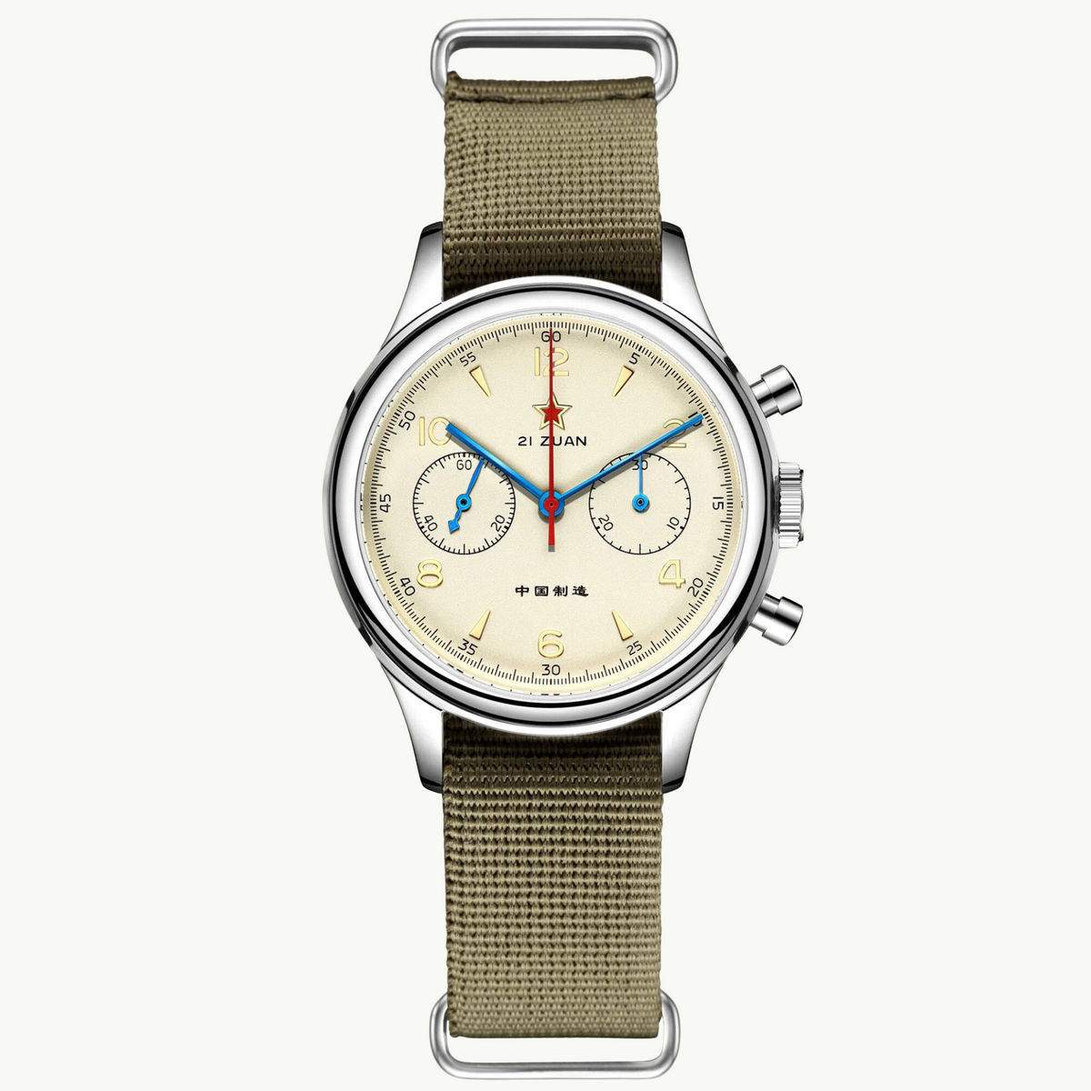 Seagull 1963 Air Force Cream 40mm front packshot, cream dial, gold numerals, olive nylon strap
