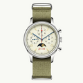 Seagull 1963 Moonphase Cream front packshot, three counters, gold moon at 6, olive nylon strap