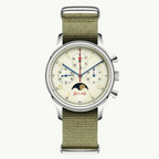 Seagull 1963 Moonphase Cream front packshot, three counters, gold moon at 6, olive nylon strap