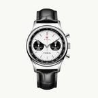 Seagull 1963 White Panda 40mm front packshot, white dial, black counters, black leather strap