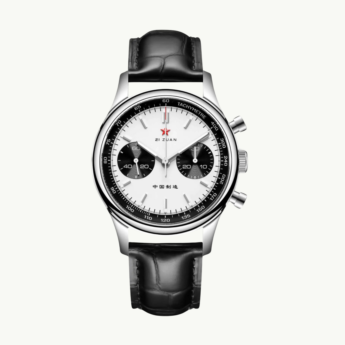Seagull 1963 White Panda 40mm front packshot, white dial, black counters, black leather strap