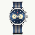 Seagull 1963 Blue Panda 42mm front packshot, blue sunburst dial, cream counters, navy nylon strap