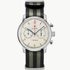 Seagull 1963 Air Force Cream 42mm front packshot, cream dial, gold numerals, striped nylon strap