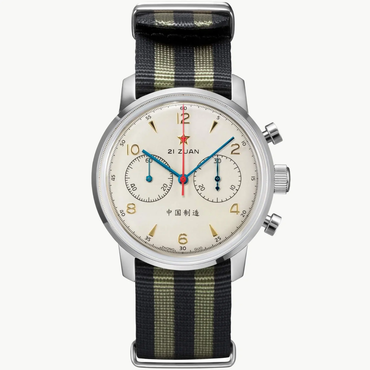 Seagull 1963 Air Force Cream 42mm front packshot, cream dial, gold numerals, striped nylon strap