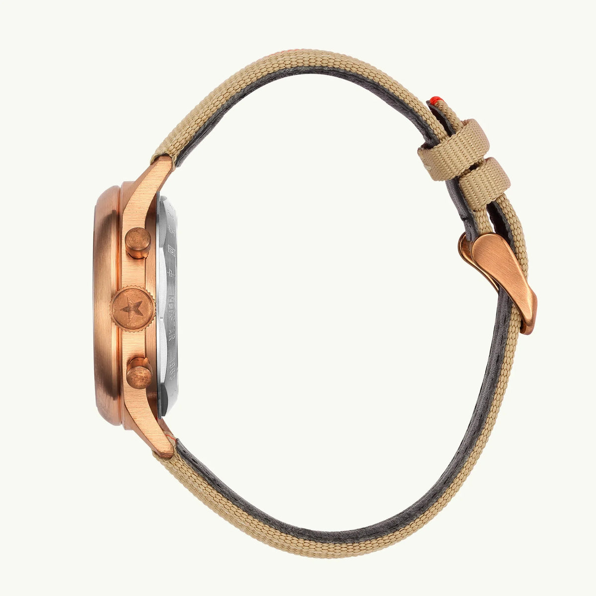 Seagull 1963 Bronze Lume side profile with the strap looped, bronze-tone star buckle and steel caseback ring