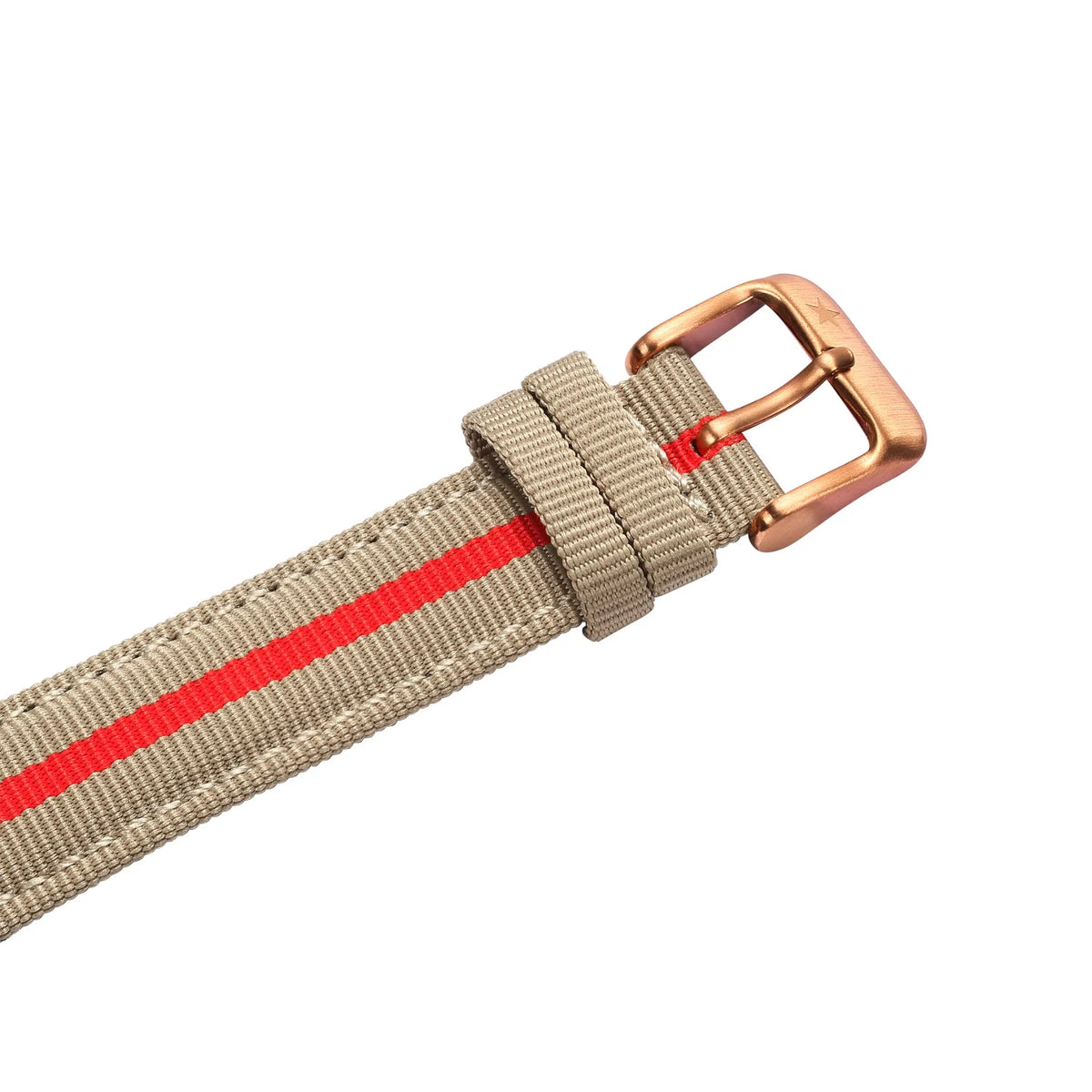 Seagull 1963 Bronze Lume beige nylon strap close-up, red centre stripe, cream stitching, bronze-tone star buckle