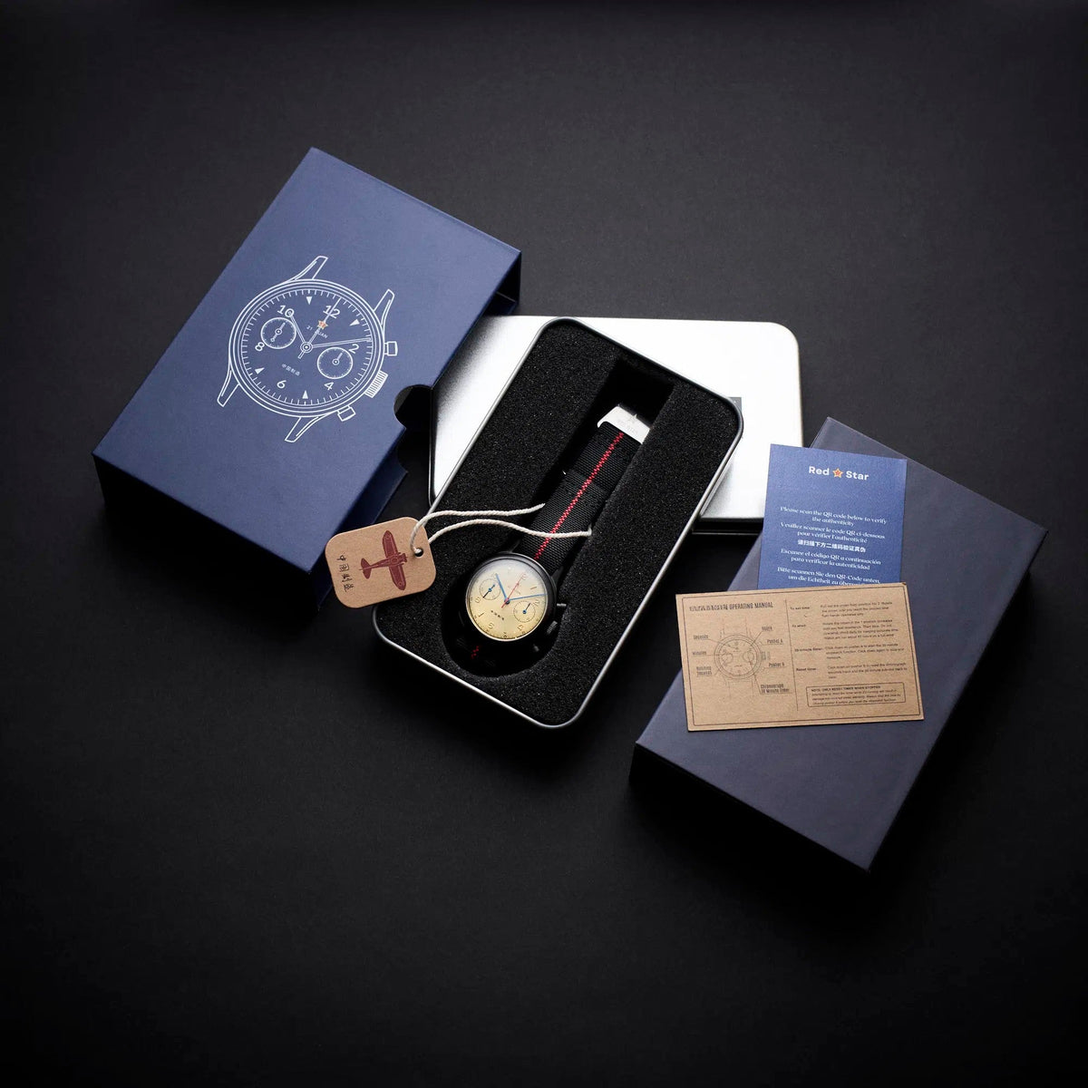 Seagull 1963 box contents: navy sleeve, tin box holding the watch, hang tag, manual card and QR authenticity card