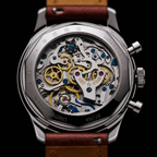 Seagull 1963 Legacy Burgundy exhibition caseback straight on, column wheel and blued screws visible
