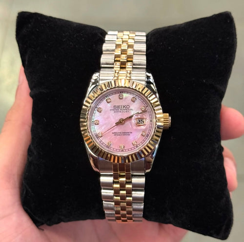 SEIJUST mother of pearl pink two tone dial Seiko mod watch