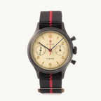 Seagull 1963 Black Edition 38mm front packshot, black-coated case, cream dial, black and red NATO strap