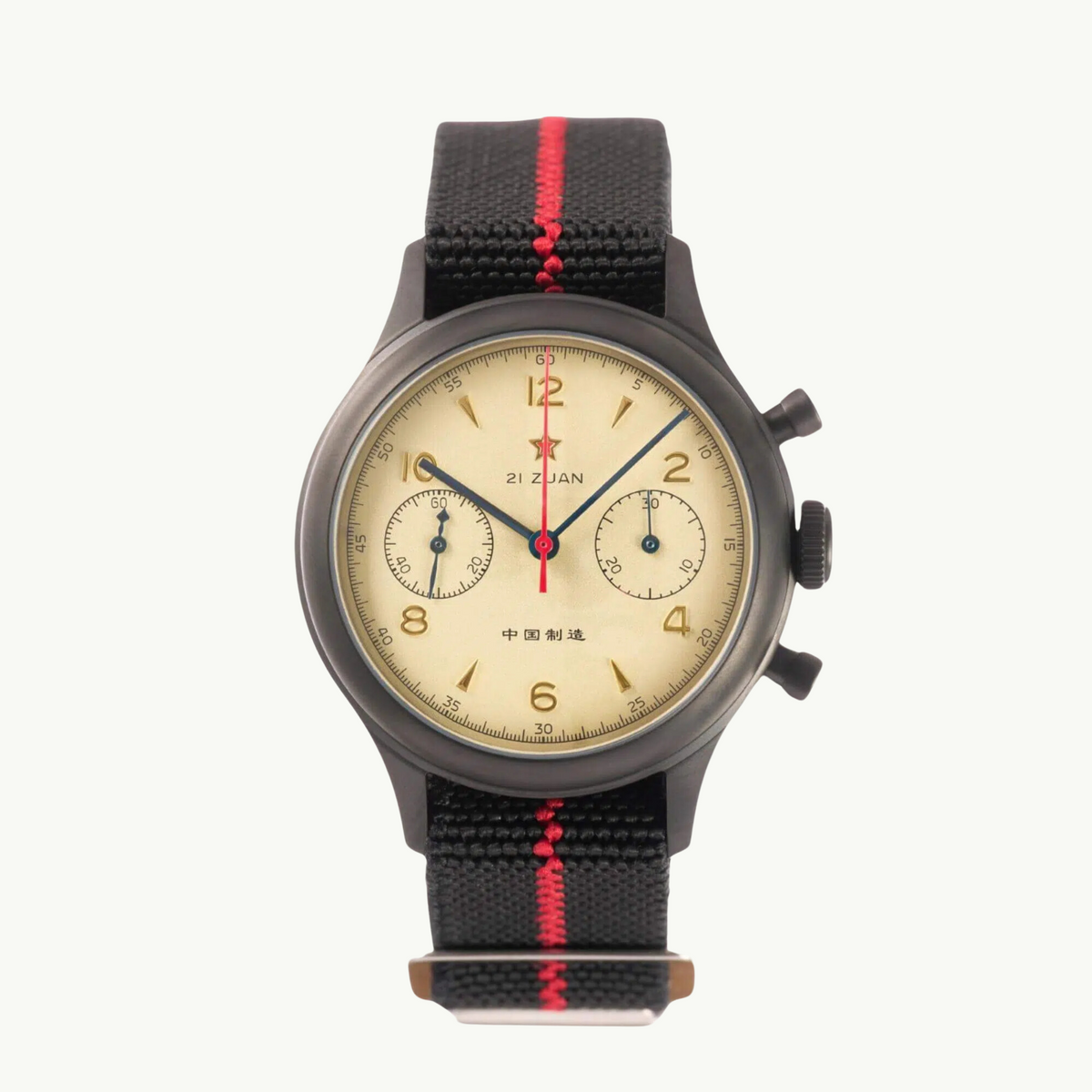 Seagull 1963 Black Edition 38mm front packshot, black-coated case, cream dial, black and red NATO strap