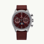 Seagull 1963 Legacy Burgundy front packshot, wine sunburst dial, moonphase at 6, red star above LEGACY