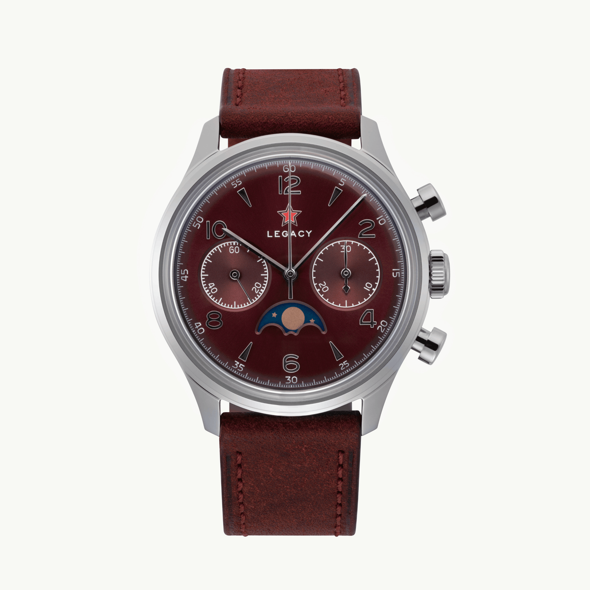 Seagull 1963 Legacy Burgundy front packshot, wine sunburst dial, moonphase at 6, red star above LEGACY
