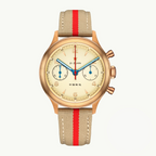 Seagull 1963 Bronze Lume 38mm front packshot, cream dial, red star, blued hands, beige strap with red stripe