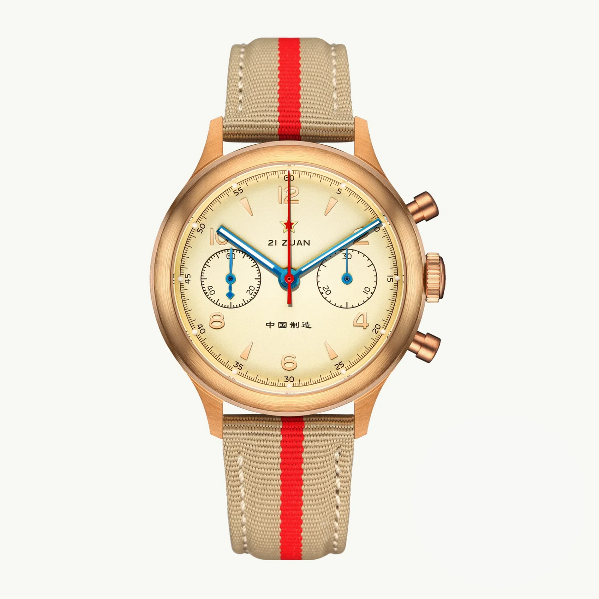 Seagull 1963 Bronze Lume 38mm front packshot, cream dial, red star, blued hands, beige strap with red stripe