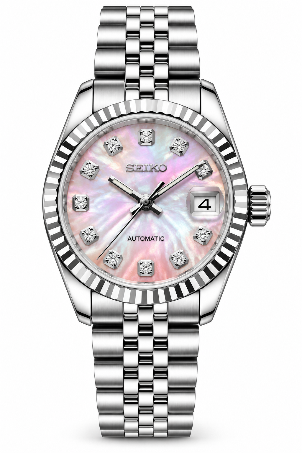 Seiko Mod Lady Datejust 31mm Aurora Pearl Mother of Pearl Diamond Dial Silver Stainless Steel
