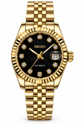 Seiko Mod Lady Datejust 31mm Black Sunburst Diamond Dial Full Gold Stainless Steel