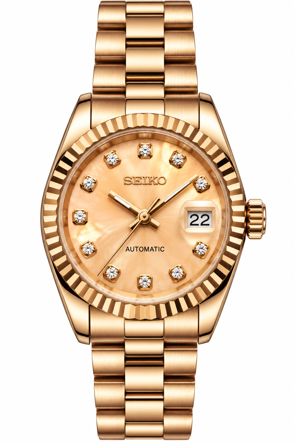Seiko Mod Lady Datejust 31mm Champagne Pearl Diamond Dial Full Rose Gold Stainless Steel