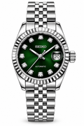 Seiko Mod Lady Datejust 31mm Emerald Aurora Green Sunburst Diamond Dial Silver Stainless Steel
