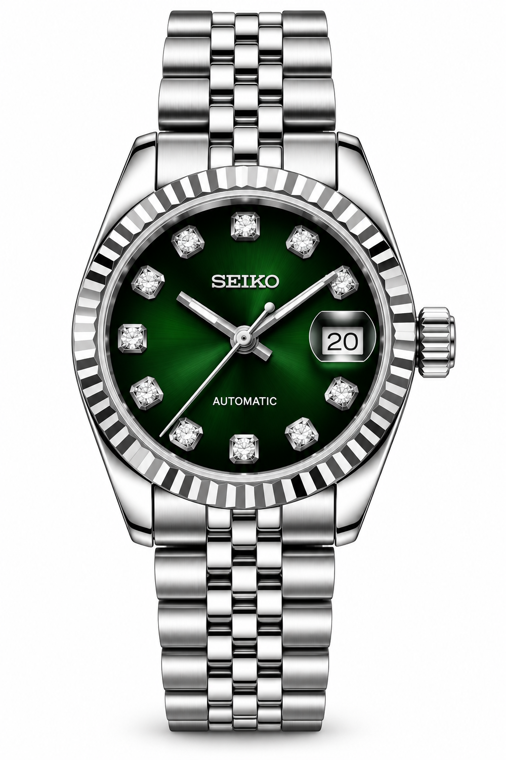 Seiko Mod Lady Datejust 31mm Emerald Aurora Green Sunburst Diamond Dial Silver Stainless Steel