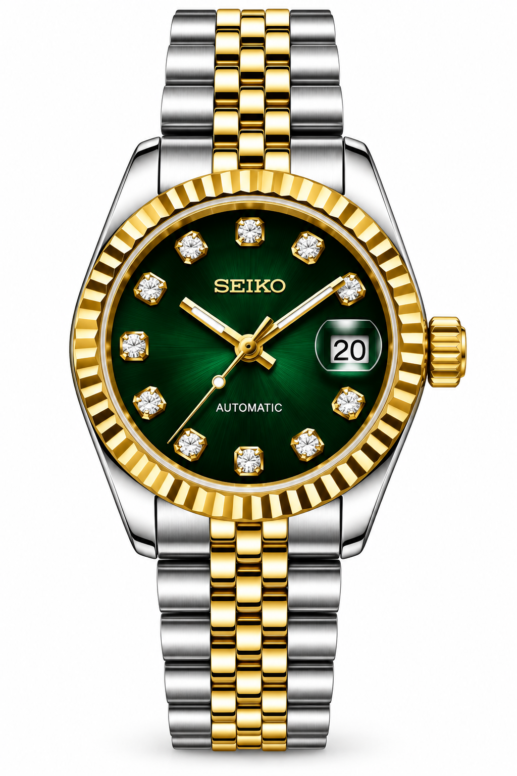 Seiko Mod Lady Datejust 31mm Imperial Jade Green Sunburst Diamond Dial Two-Tone Gold & Silver Stainless Steel
