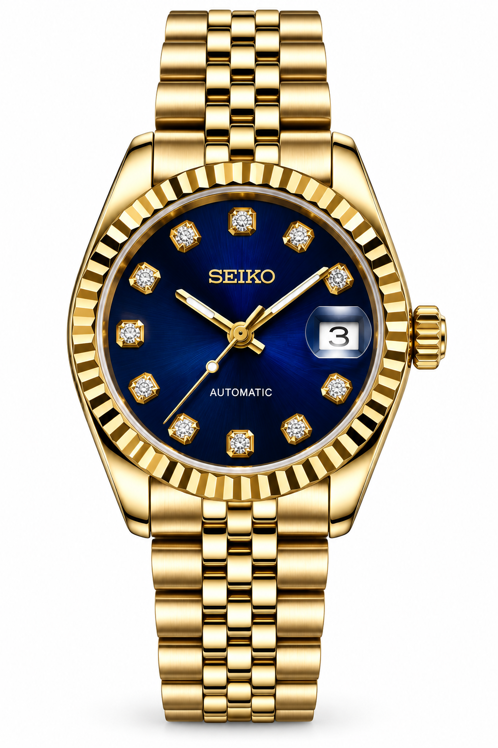 Seiko Mod Lady Datejust 31mm Midnight Sapphire Blue Sunburst Diamond Dial Full Gold Stainless Steel