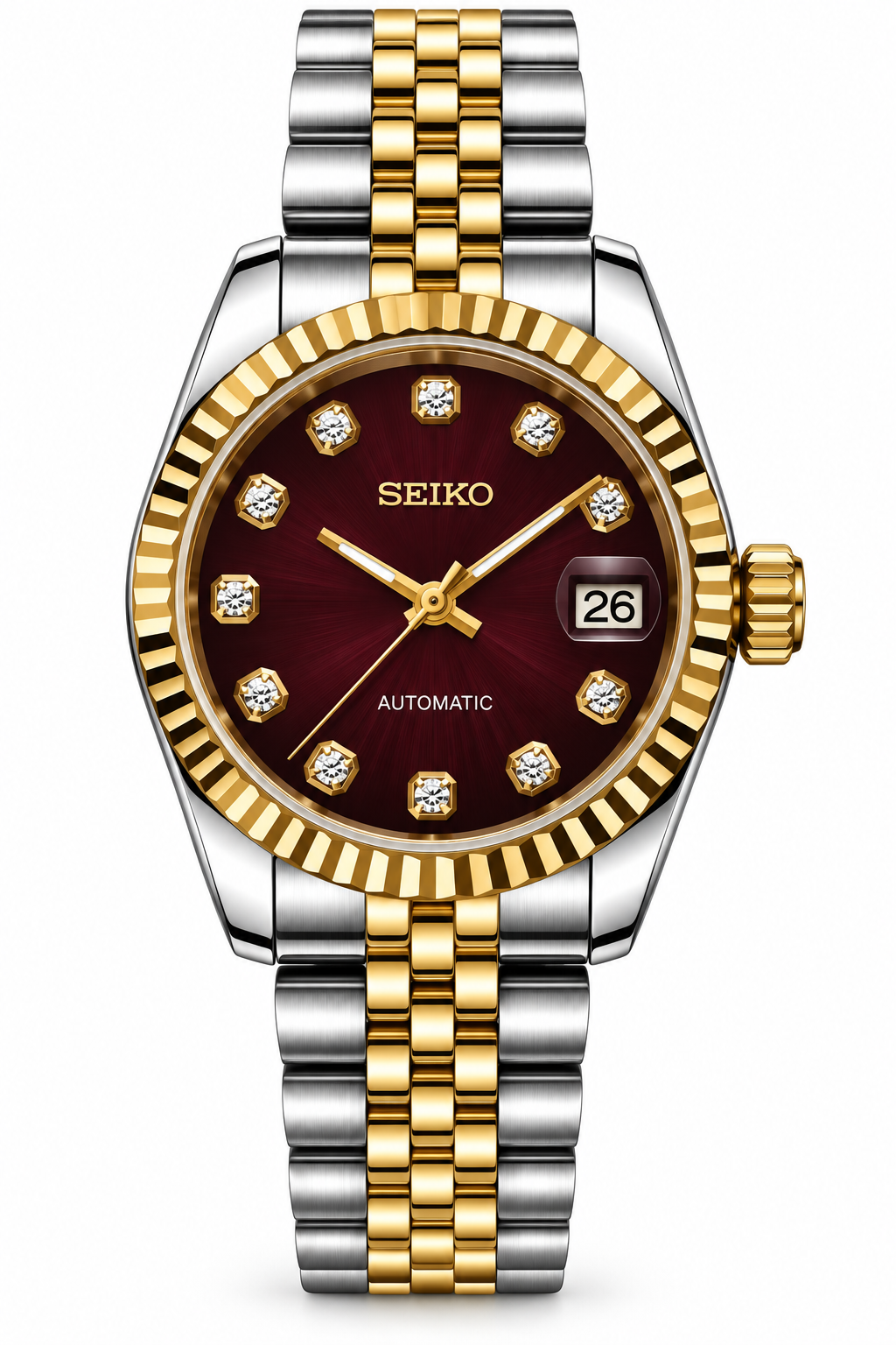 Seiko Mod Lady Datejust 31mm Royal Burgundy Diamond Dial Two-Tone Gold & Silver Stainless Steel