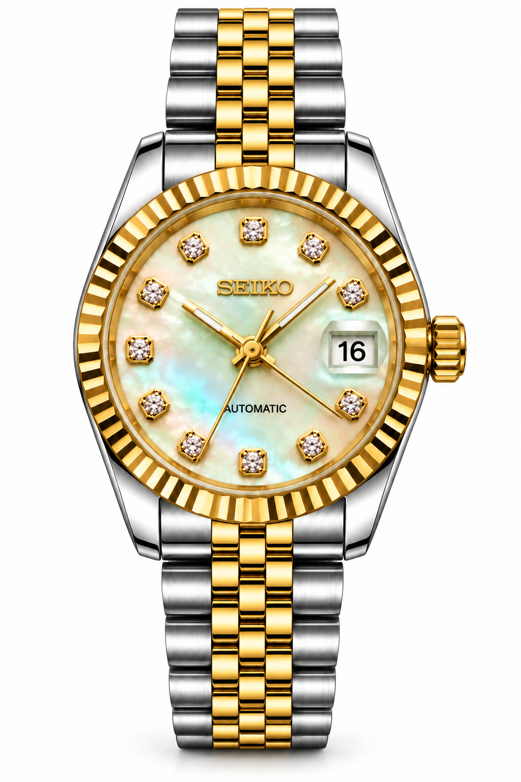 Seiko Mod Lady Datejust 31mm White Mother of Pearl Diamond Dial Two-Tone Gold & Silver Stainless Steel