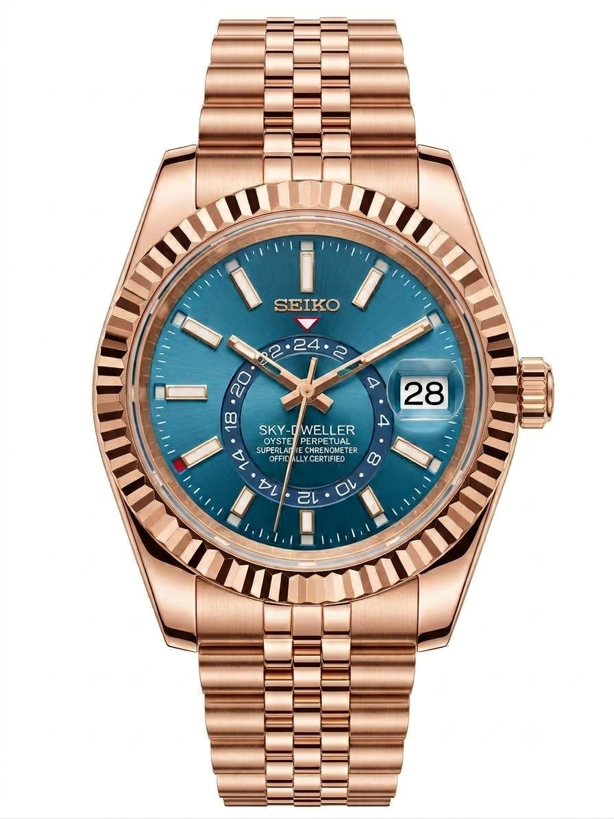 Seiko Mod Sky-Dweller 40mm Ocean Azure Blue Dial Rose Gold Stainless Steel