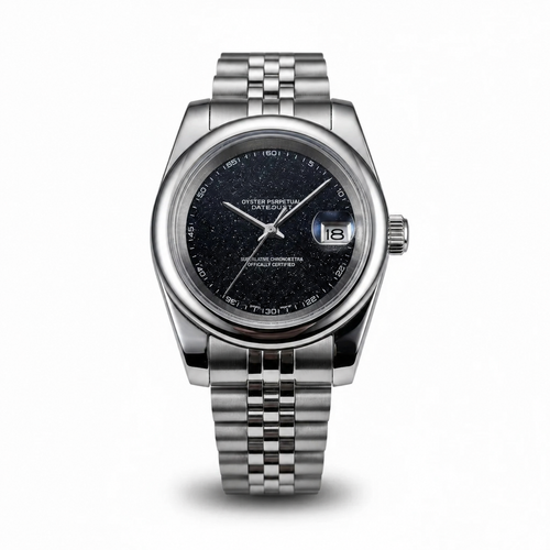 Galaxy burst dial watch with curved bezel
