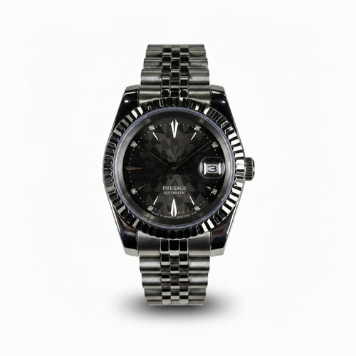 Seiko geometric black dial mod watch with fluted bezel