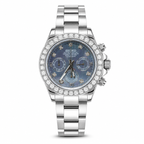 Seitona  Ice Blue Mother of Pearl Chronograph with White Diamond Bezel Seiko mod watch, view 2