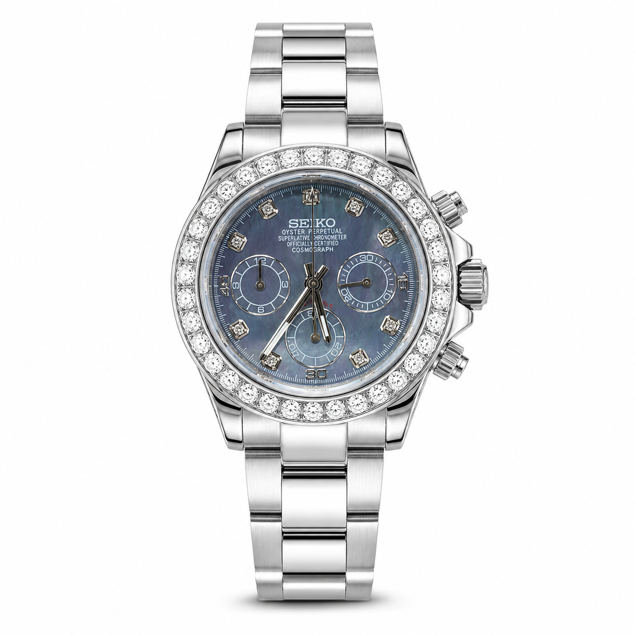 Seitona  Ice Blue Mother of Pearl Chronograph with White Diamond Bezel Seiko mod watch, view 2