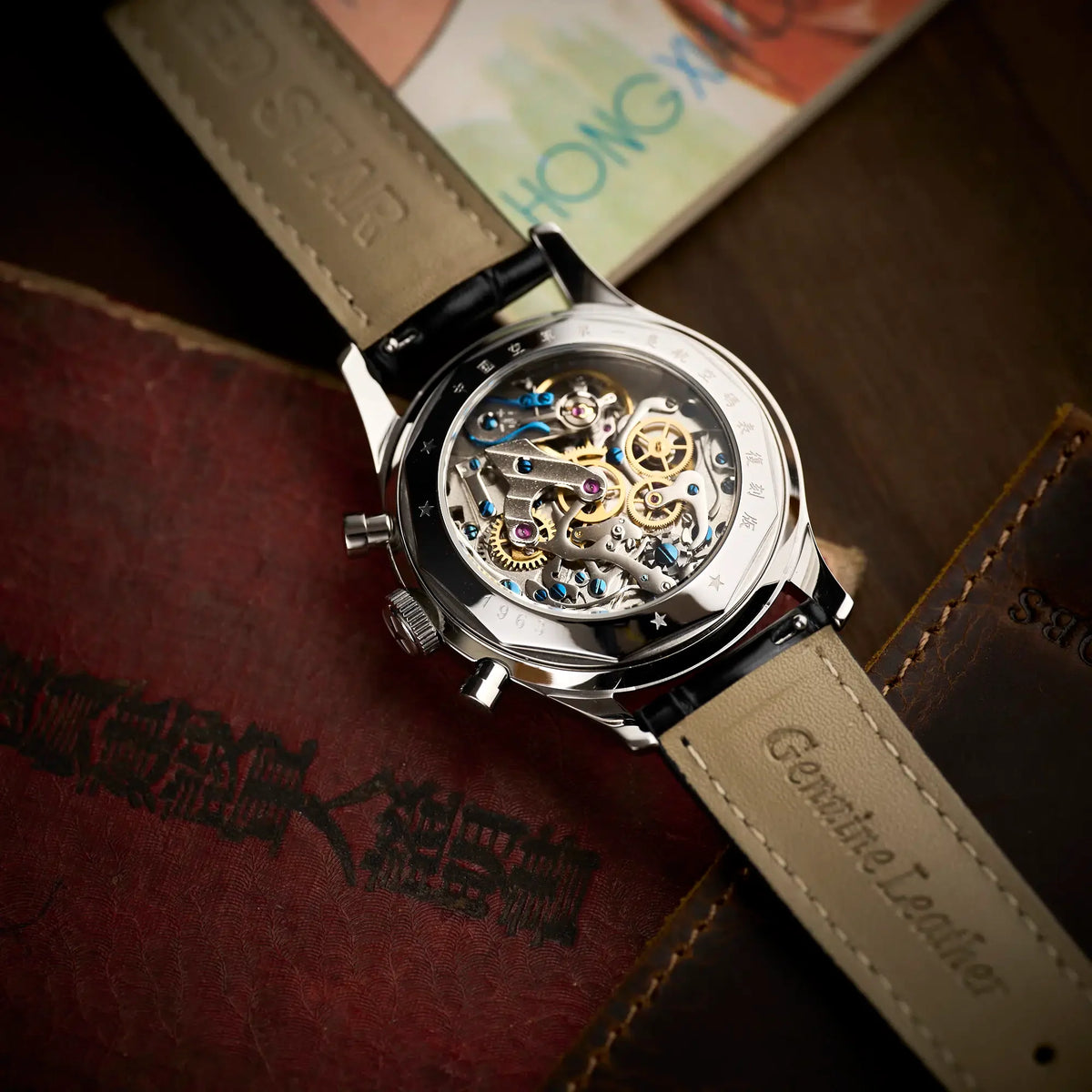 Seagull 1963 White Panda 40mm exhibition caseback, ST1901 movement with blued screws visible