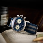 Seagull 1963 Blue Panda 42mm low three-quarter view showing the polished case flank and pushers