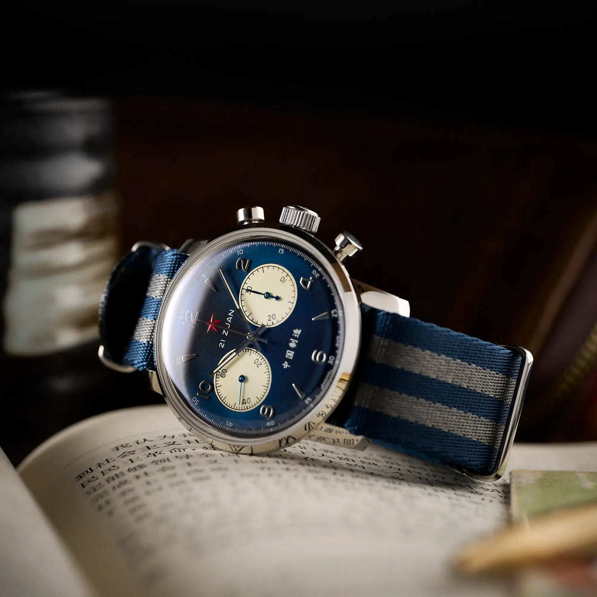 Seagull 1963 Blue Panda 42mm low three-quarter view showing the polished case flank and pushers