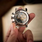 Seagull 1963 White Panda Sport 42mm caseback in fingers, 10-sided ring over the hand-wound movement