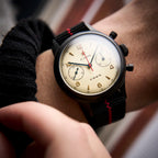 Seagull 1963 Black Edition 38mm on the wrist against a black knit sleeve