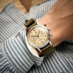 Seagull 1963 Air Force Cream 38mm on the wrist over a striped shirt cuff