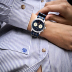 Seagull 1963 Blue Panda 42mm on the wrist under a blue and white striped shirt cuff