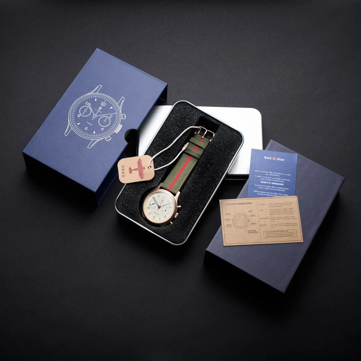 Seagull 1963 Bronze Lume 40mm with its navy sleeve, silver tin box, hang tag and papers